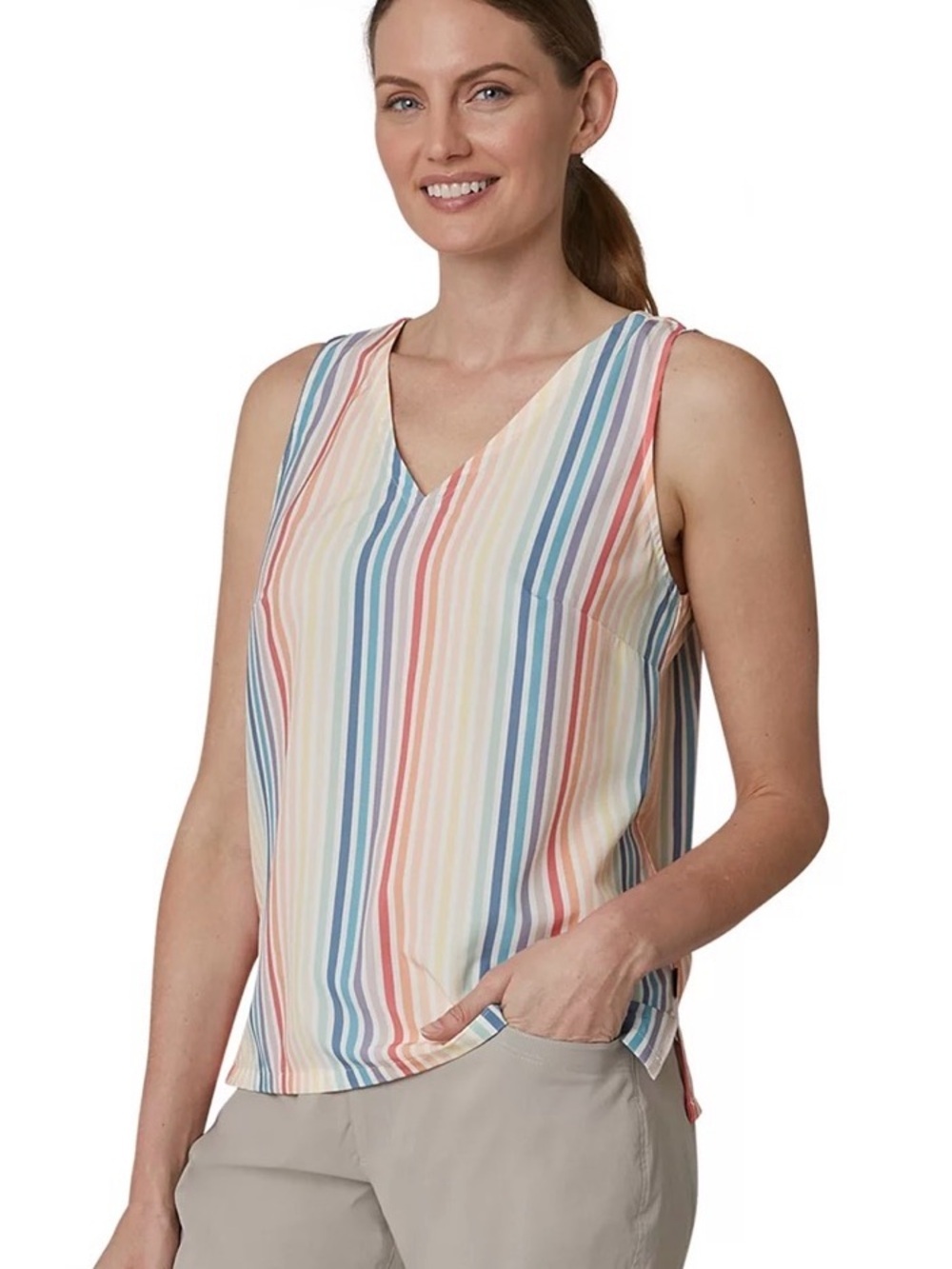 Women’s Spindrift Moisture Wicking Sleeveless V-Neck Multi-Stripe Tank Top